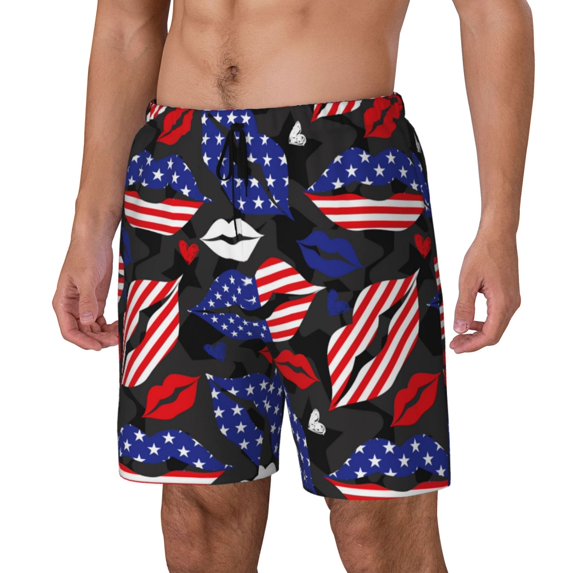 Yiaed American With Lips Print Mens Swim Trunks Bathing Suit Compression Liner Beach Swim Shorts Swimwear Quick Dry Zipper Pocket No-Chafing Board Short-X-Large