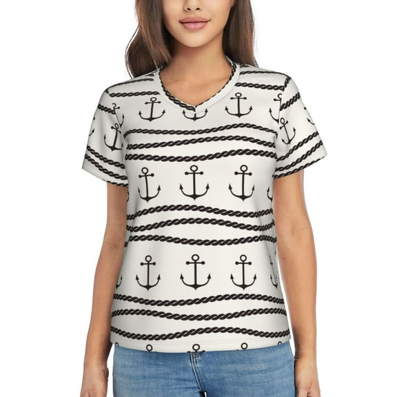 Yiaed Anchors and Ropes Print Women's T Shirt V-Neck Short Sleeve Shirt Casual Breathable Tee Summer Tops-Medium