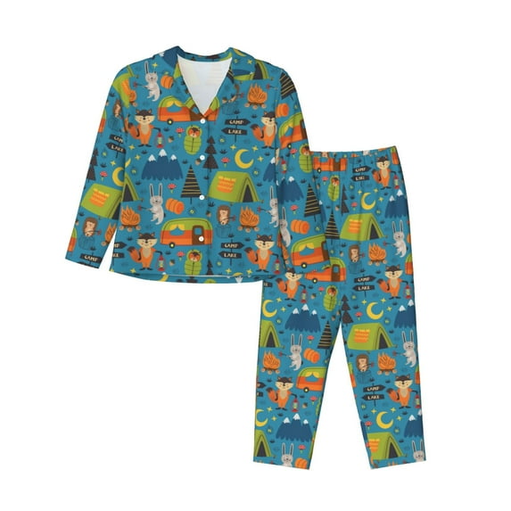 Yiaed Animals In Camping Print Pajamas Women's Long Sleeve Sleepwear Soft Button Down Loungewear Pjs Lounge Set Nightwear Womens Pajama Pants-Large