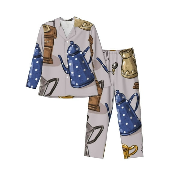 Yiaed Antique Vintage Teapot Coffee Grinder Print Men’s Pajamas Set - Long Sleeve Button Down Sleep Shirt and Pajama Bottoms Sleepwear Set Mens Pjs Sets Men's Pajama Bottoms-Small