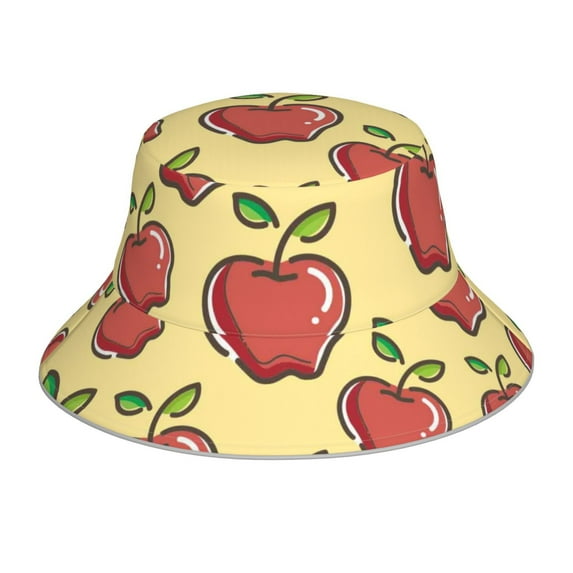 Yiaed Apple Print Reflective Stripe Bucket Hat Unisex Funny Outdoor Fisherman Cap Beach Sun Hat