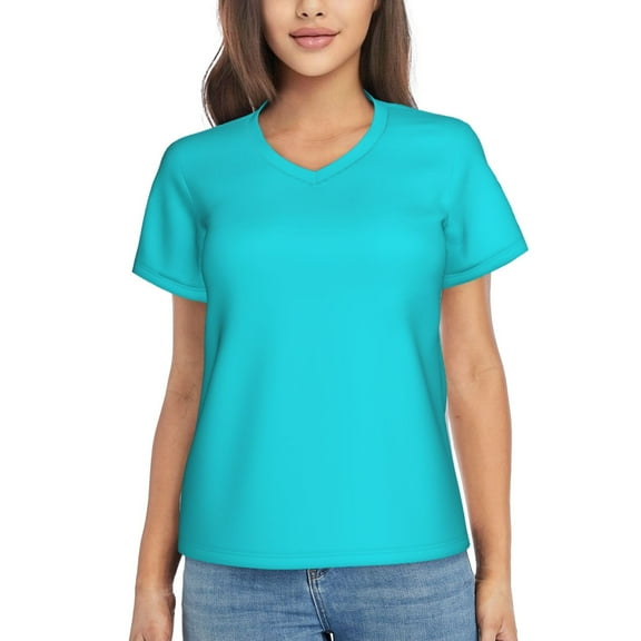 Yiaed Aqua Print Women's T Shirt V-Neck Short Sleeve Shirt Casual Breathable Tee Summer Tops-X-Large