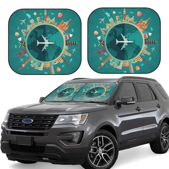 Yiaed Around The Planet Print Car Front Windshield Sun Shade,Foldable Anti-UV Car Sunshade for Front Window for Most Vehicles-Medium