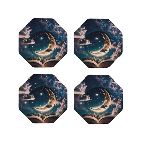 Yiaed Artistic Starry Sky Moon Book Print Leather Coasters for Drinks - Cup Coasters Coffee Table Kitchen Table Bar, Home & Office Gifts Handmade Drink Coasters-Octagon