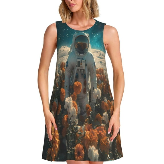 Yiaed Astronaut Flower Field Print Women's Sleeveless Dress, Loose Fit Summer Dress, Casual Sleeveless Dress for Women
