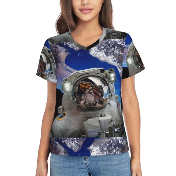 Yiaed Astronaut in Outer Space Print Women's T Shirt V-Neck Short Sleeve Shirt Casual Breathable Tee Summer Tops-Small