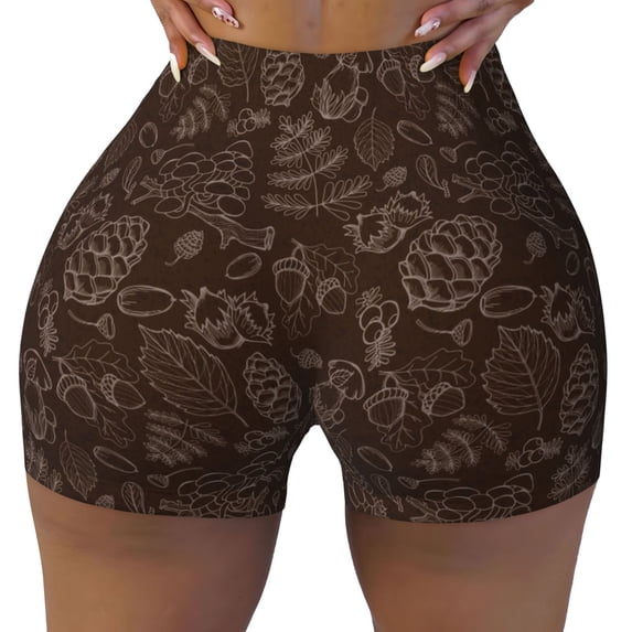 Yiaed Autumn Brown Plants Print Women's Athletic Shorts Running Shorts Sporty Short High Waisted Elastic Workout Shorts for Yoga Gym Running & Sports -X-Large
