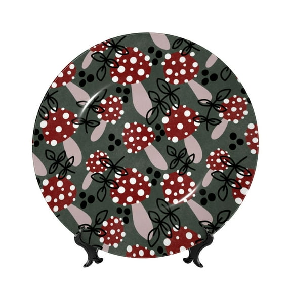 Yiaed Autumn Forest Mushrooms Print Bone China Decorative Plate Ceramic Dinner Plates Art Crafts with Display Stand-8in