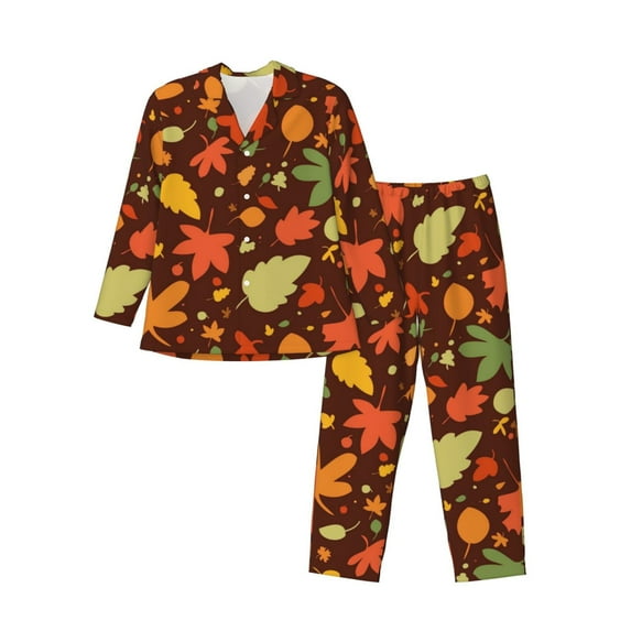Yiaed Autumn Leaves Print Men’s Pajamas Set - Long Sleeve Button Down Sleep Shirt and Pajama Bottoms Sleepwear Set Mens Pjs Sets Men's Pajama Bottoms-