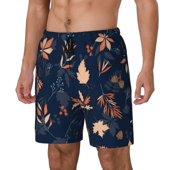 Yiaed Autumn Leaves With Blue Print Mens Swim Trunks Bathing Suit Compression Liner Beach Swim Shorts Swimwear Quick Dry Zipper Pocket No-Chafing Board Short-Large