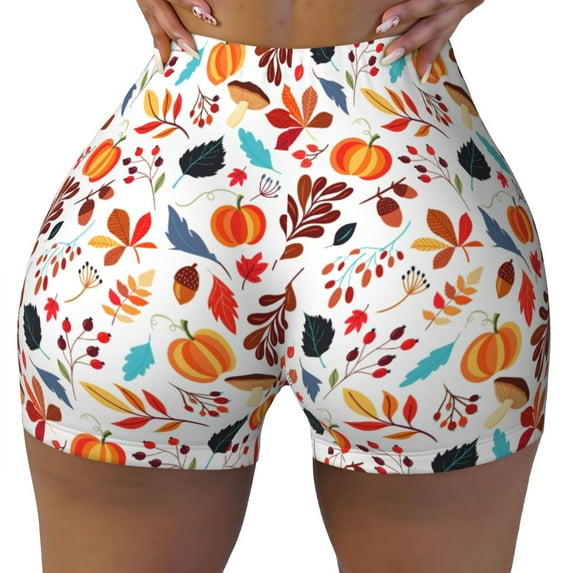 Yiaed Autumn Pumpkins Fall Leaves Print Women's Athletic Shorts Running Shorts Sporty Short High Waisted Elastic Workout Shorts for Yoga Gym Running & Sports -Large