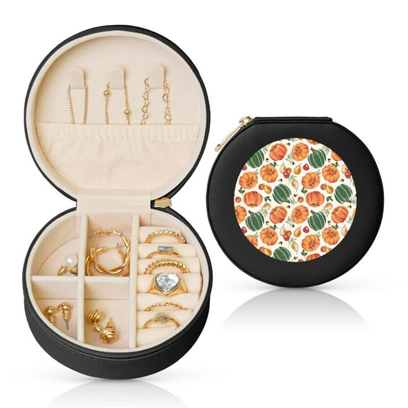 Yiaed Autumn Pumpkins Print Travel Jewelry Case Bridesmaid Gift Boxes Jewelry Travel Organizer Small Round Jewelry Box Mini Storage-Black