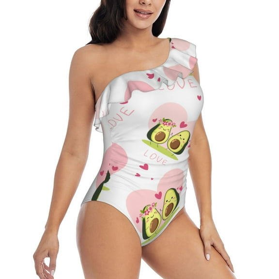 Yiaed Avocado Lovers Print Women One Piece Swimsuits Tummy Control One Shoulder Bathing Suits Pattern Ruffle Swimwear-Small