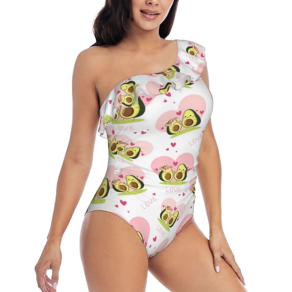 Yiaed Avocado Lovers Print Women One Piece Swimsuits Tummy Control One Shoulder Bathing Suits Pattern Ruffle Swimwear-X-Large