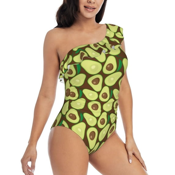 Yiaed Avocado Print Women One Piece Swimsuits Tummy Control One Shoulder Bathing Suits Pattern Ruffle Swimwear-X-Large