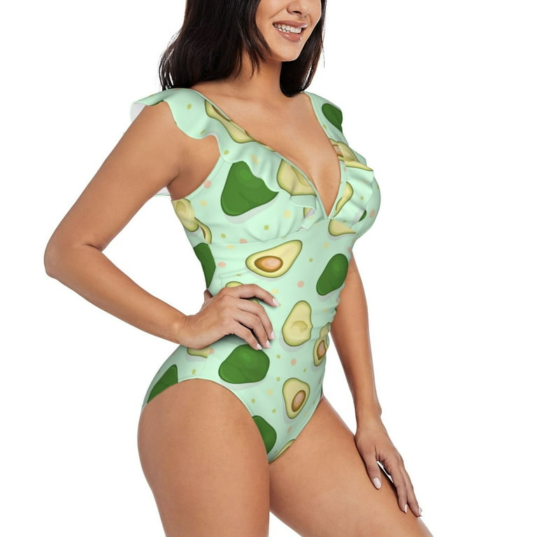 Yiaed Avocado Print Women s Ruffled One Piece Swimsuit V Neck Swimwear Slimming Monokini for Woman X Large