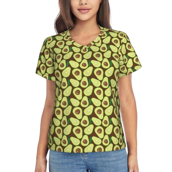 Yiaed Avocado Print Women's T Shirt V-Neck Short Sleeve Shirt Casual Breathable Tee Summer Tops-Medium