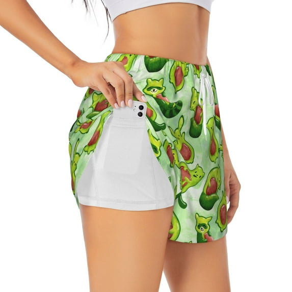 Yiaed Avocado color cute animals Print Women's Running Shorts with Liner 3 Zipper Pockets Elastic Workout Athletic Gym Yoga Shorts-XX-Large