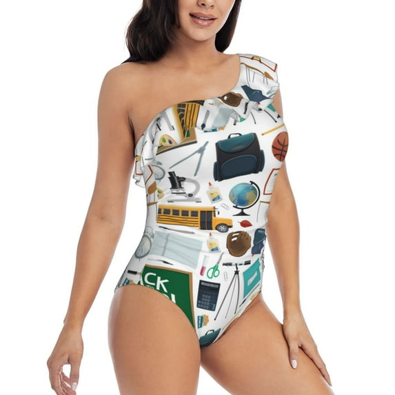 Yiaed Back To School A Print Women One Piece Swimsuits Tummy Control One Shoulder Bathing Suits Pattern Ruffle Swimwear-Large