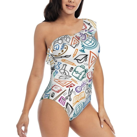 Yiaed Back To School Print Women One Piece Swimsuits Tummy Control One Shoulder Bathing Suits Pattern Ruffle Swimwear-XX-Large
