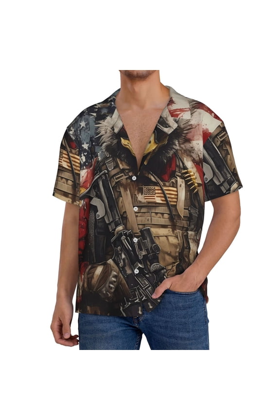 Bald Eagle Soldier Print Mens Casual Wrinkle Free Shirts Short Sleeve Button Down Summer Stretch Dress Shirt-4X-Large