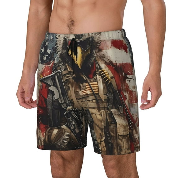 Yiaed Bald Eagle Soldier Print Mens Swim Trunks Bathing Suit Compression Liner Beach Swim Shorts Swimwear Quick Dry Zipper Pocket No-Chafing Board Short-Large