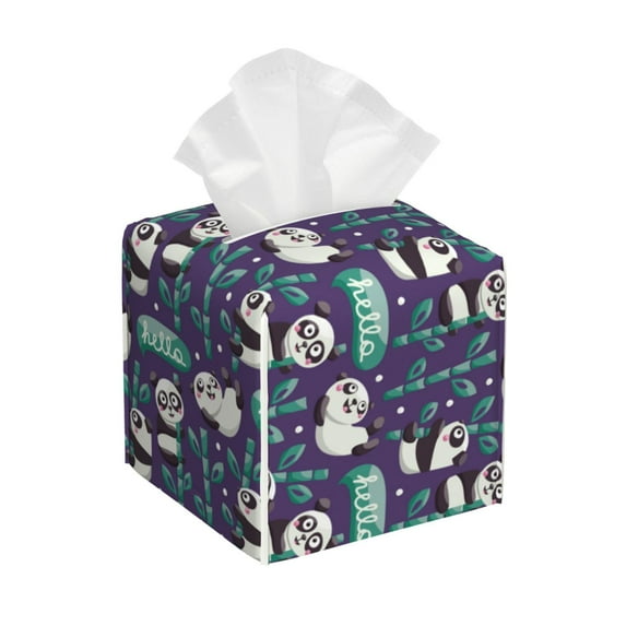Yiaed Bamboo Panda Print Tissue Box Cover, PU Leather Decorative Organizer for Tabletop, Bathroom, Car, Office Creative Decorative