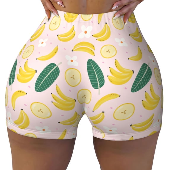 Yiaed Banana With Leaves Print Women's Athletic Shorts Running Shorts Sporty Short High Waisted Elastic Workout Shorts for Yoga Gym Running & Sports -Large