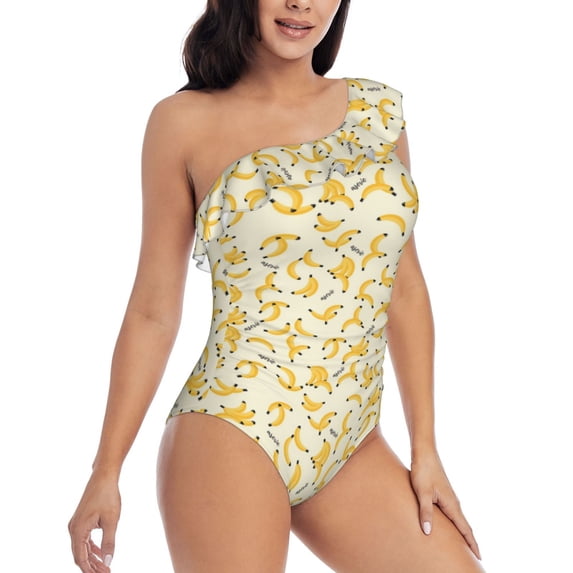 Yiaed Banana Print Women One Piece Swimsuits Tummy Control One Shoulder Bathing Suits Pattern Ruffle Swimwear-Medium