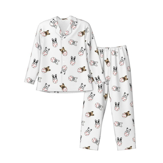 Yiaed Bbaseball Dog Print Men’s Pajamas Set - Long Sleeve Button Down Sleep Shirt and Pajama Bottoms Sleepwear Set Mens Pjs Sets Men's Pajama Bottoms-Large