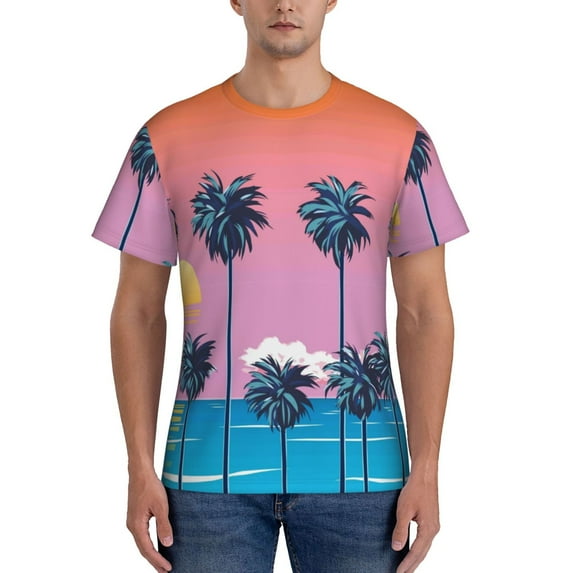 Yiaed Beach with Palm Trees Print Mens Short Sleeve Tight Fit T-Shirt, Crewneck Casual Tee-Small
