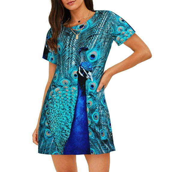 Yiaed Beautiful Blue Peacock Print Women's Loose-Fit Short Sleeve Nightgown, Soft and Comfortable Sleep Dress for Relaxation and Sleepwear