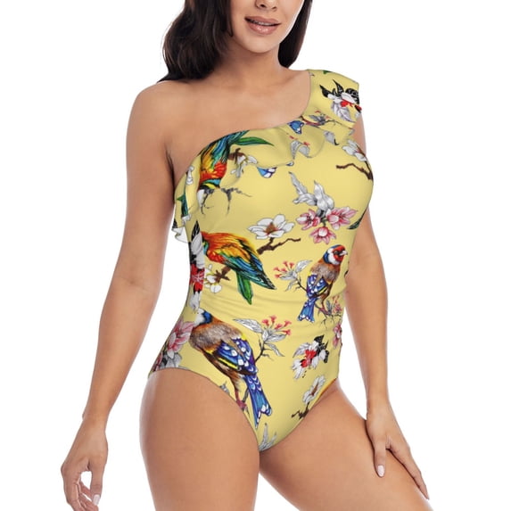 Yiaed Beautiful Bright Birds And Flowers Print Women One Piece Swimsuits Tummy Control One Shoulder Bathing Suits Pattern Ruffle Swimwear-Small