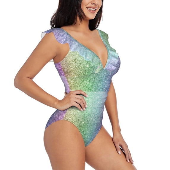 Yiaed Beautiful Glitter Print Women's Ruffled One Piece Swimsuit V Neck Swimwear Slimming Monokini for Woman-X-Large