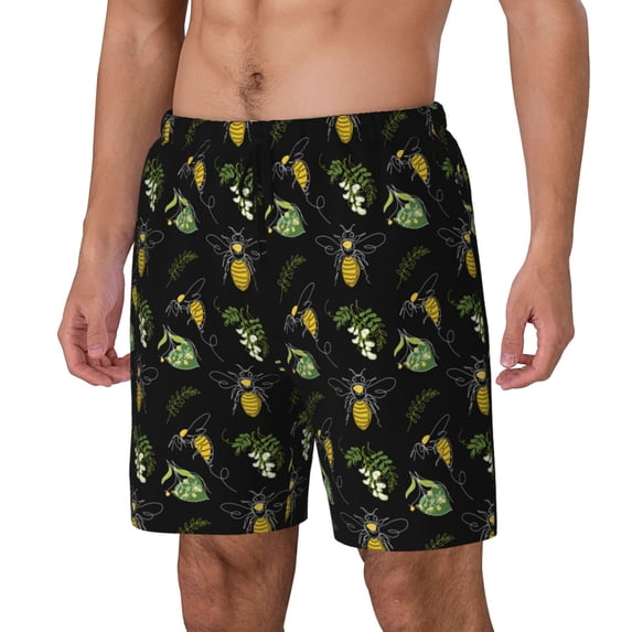 Yiaed Bee Floral Print Mens Swim Trunks Bathing Suit Compression Liner Beach Swim Shorts Swimwear Quick Dry Zipper Pocket No-Chafing Board Short-Large