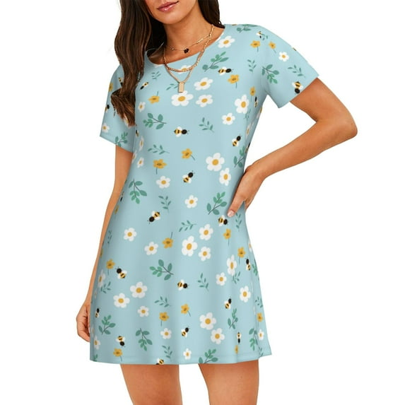 Yiaed Bee Flower Print Women's Loose-Fit Short Sleeve Nightgown, Soft and Comfortable Sleep Dress for Relaxation and Sleepwear