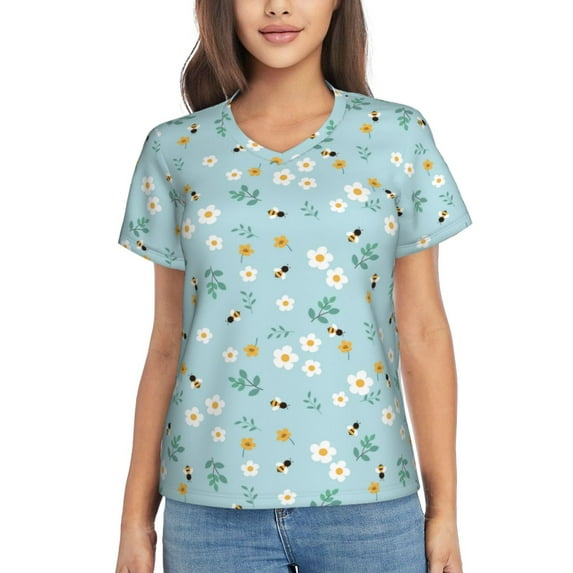 Yiaed Bee Flower Print Women's T Shirt V-Neck Short Sleeve Shirt Casual Breathable Tee Summer Tops-Medium