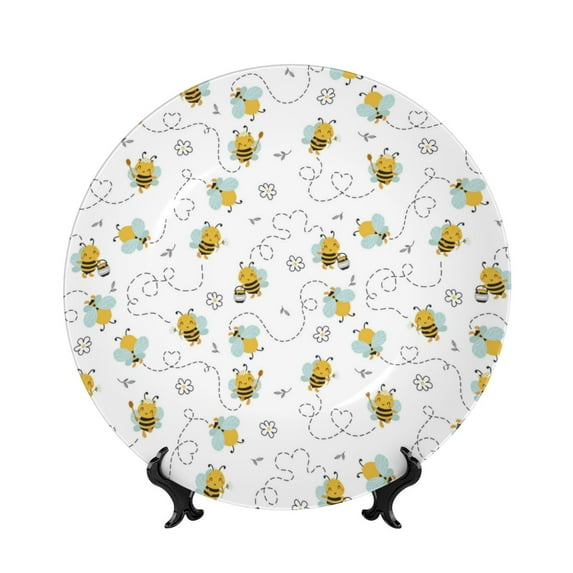 Yiaed Bee Print Bone China Decorative Plate Ceramic Dinner Plates Art Crafts with Display Stand-8in