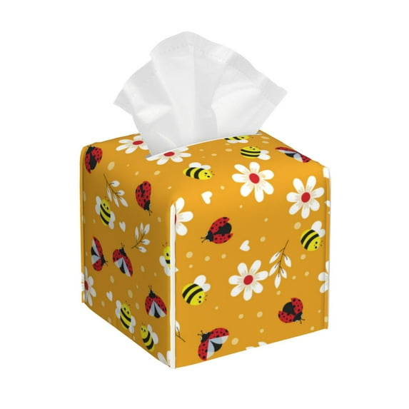 Yiaed Bees And Ladybug Print Tissue Box Cover, PU Leather Decorative Organizer for Tabletop, Bathroom, Car, Office Creative Decorative
