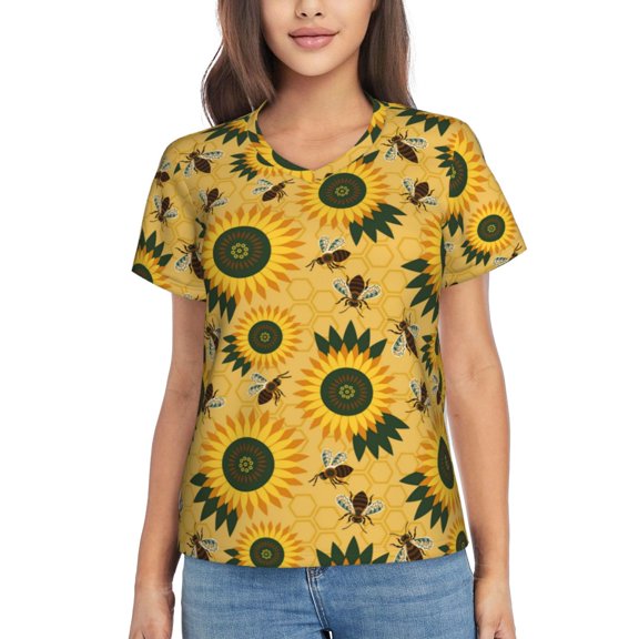 Yiaed Bees and Sunflowers Print Women's T Shirt V-Neck Short Sleeve Shirt Casual Breathable Tee Summer Tops-XX-Large