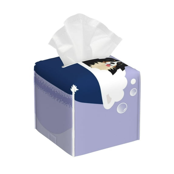 Yiaed Bernese Mountain Dog Sitting Bath Tub Print Tissue Box Cover, PU Leather Decorative Organizer for Tabletop, Bathroom, Car, Office Creative Decorative