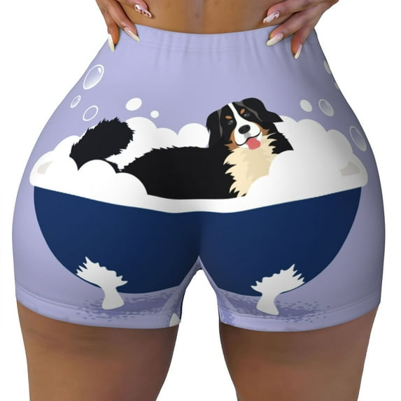 Yiaed Bernese Mountain Dog Sitting Bath Tub Print Women's Athletic Shorts Running Shorts Sporty Short High Waisted Elastic Workout Shorts for Yoga Gym Running & Sports -Small
