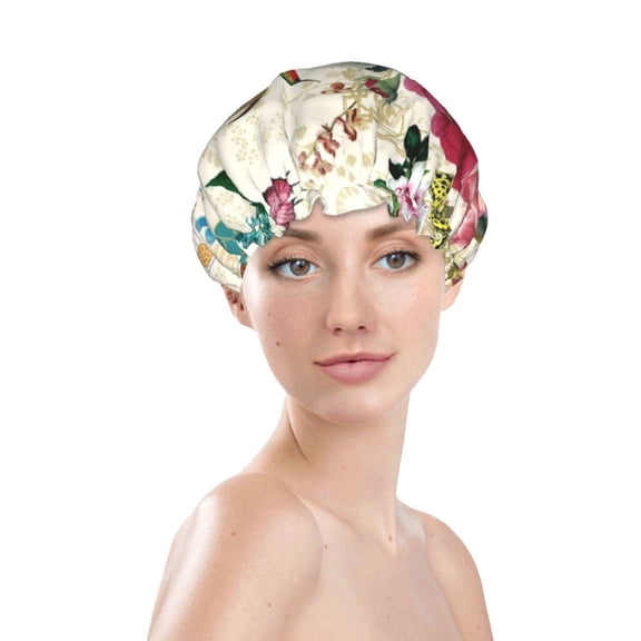 Yiaed Bird Butterfly Rose Print Reusable Shower Cap & Bath Cap & Lined, Oversized Waterproof Shower Caps Designed for all Hair Lengths