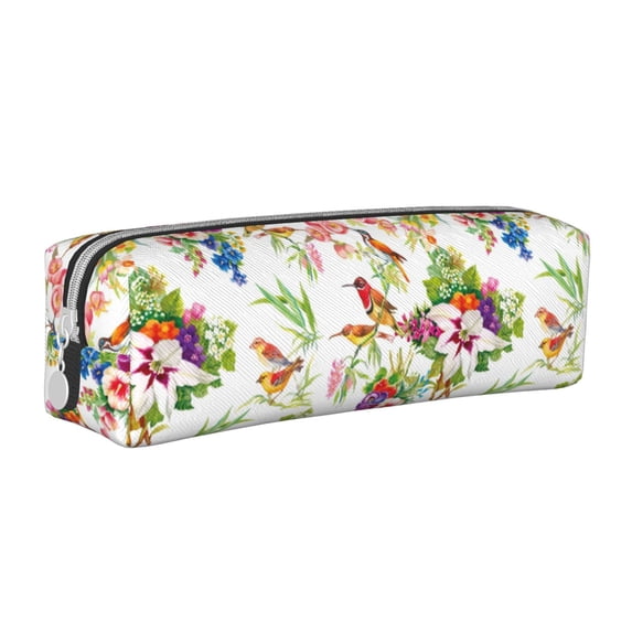 Yiaed Birds And Flowers Print Leather Pencil Case - Leather Pen Pencil Holder - Elegant & Practical Pencil Pouch for Work & Office
