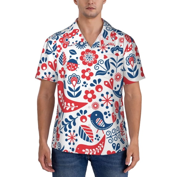 Yiaed Birds Flowers Print Hawaiian Shirt for Men Short Sleeve Button Down Shirts Beach Shirts for Men-Small
