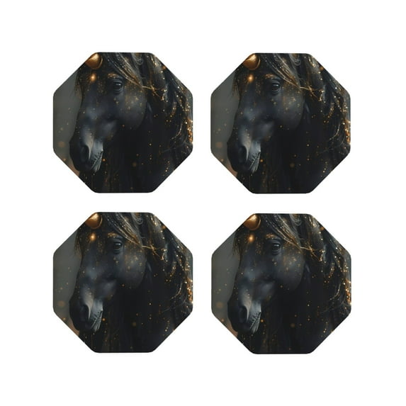 Yiaed Black And Gold White Horse Print Leather Coasters for Drinks - Cup Coasters Coffee Table Kitchen Table Bar, Home & Office Gifts Handmade Drink Coasters-Octagon