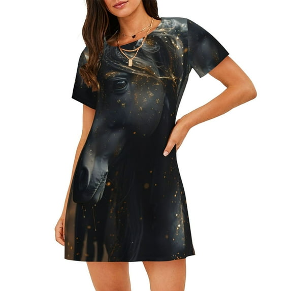 Yiaed Black And Gold White Horse Print Women's Loose-Fit Short Sleeve Nightgown, Soft and Comfortable Sleep Dress for Relaxation and Sleepwear