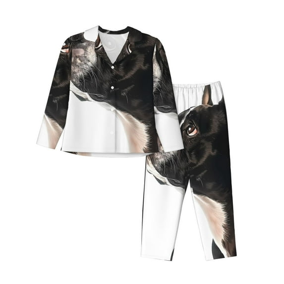 Yiaed Black And White Boston Terrier Print Pajamas Women's Long Sleeve Sleepwear Soft Button Down Loungewear Pjs Lounge Set Nightwear Womens Pajama Pants-X-Large