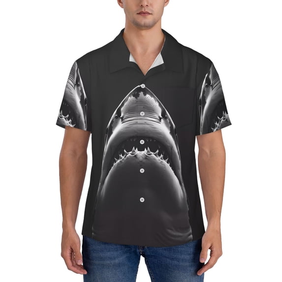 Yiaed Black And White Shark Print Hawaiian Shirt for Men Short Sleeve Button Down Shirts Beach Shirts for Men-XX-Large