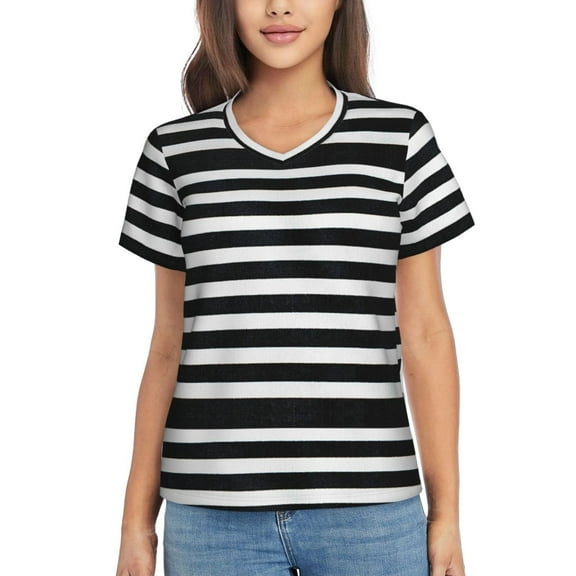 Yiaed Black And White Stripes Print Women's T Shirt V-Neck Short Sleeve Shirt Casual Breathable Tee Summer Tops-Small